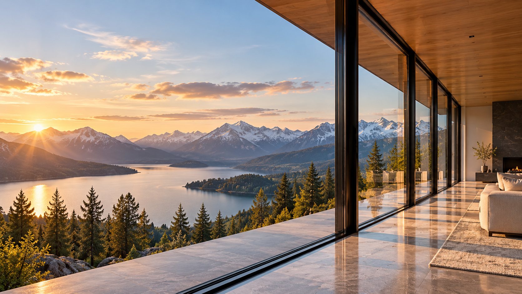 A wall of floor-to-ceiling glass looking out over a mountain lake at sunset