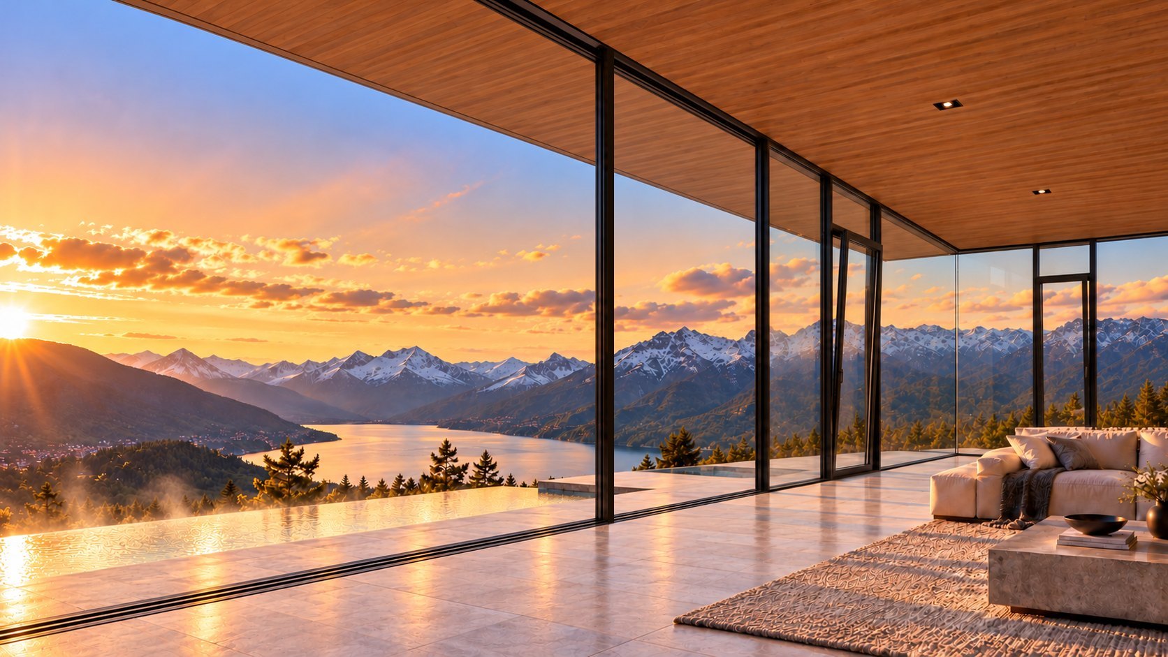 A wall of floor-to-ceiling glass looking out over a mountain lake at sunset